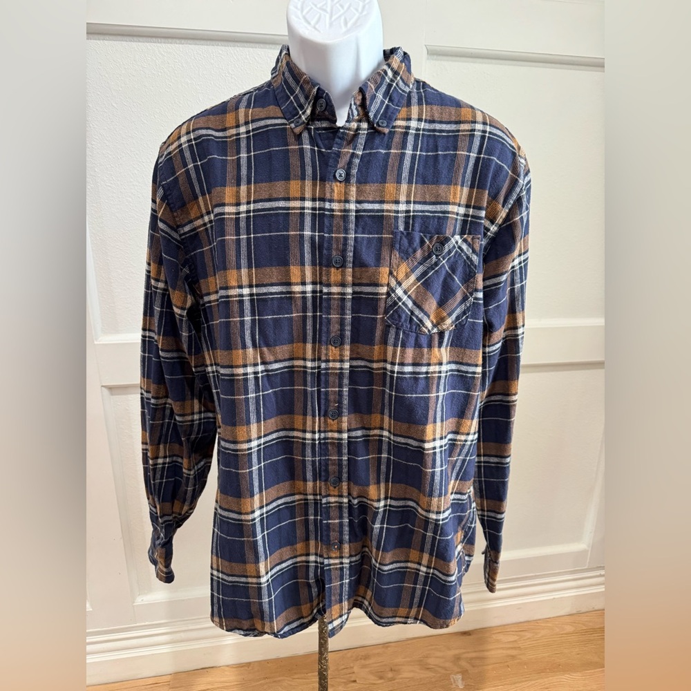 Weatherproof Vintage Plaid Brown Blue Men’s Size L Button Down